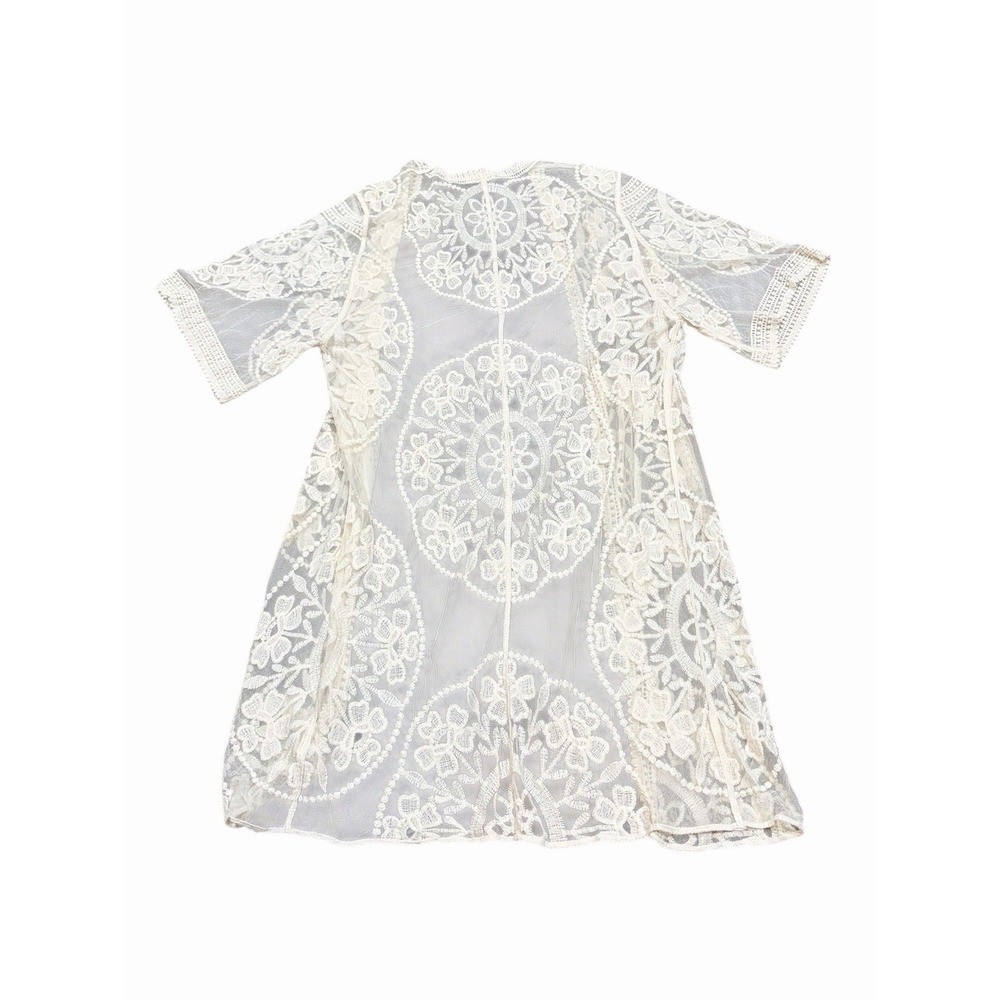 Kimono Duster Womens Small Ivory Sheer Lace Embroidered Open Front Boho‎ Fairy - Picture 3 of 8